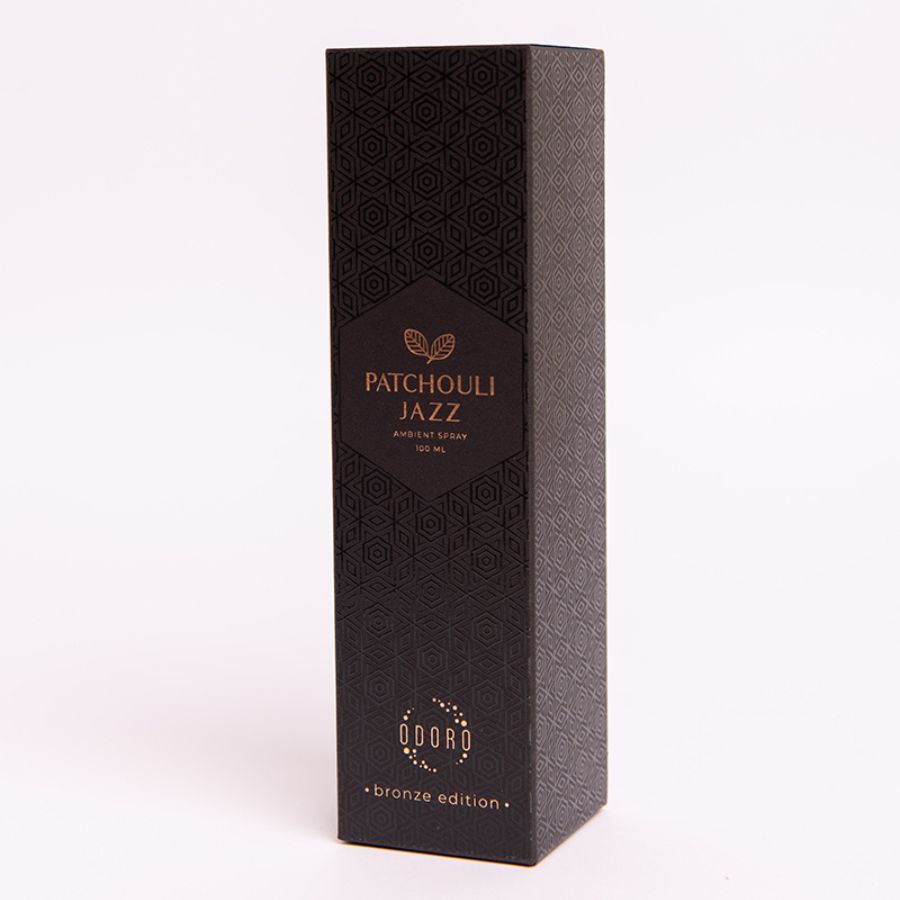 Luxurious cardboard packaging box of Patchouli jazz fragrance on a white background, highlighting its elegant design and premium quality.