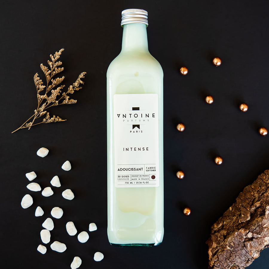 Antoine Intense fabric softener surrounded by natural elements, featuring its bold leather and patchouli fragrance.