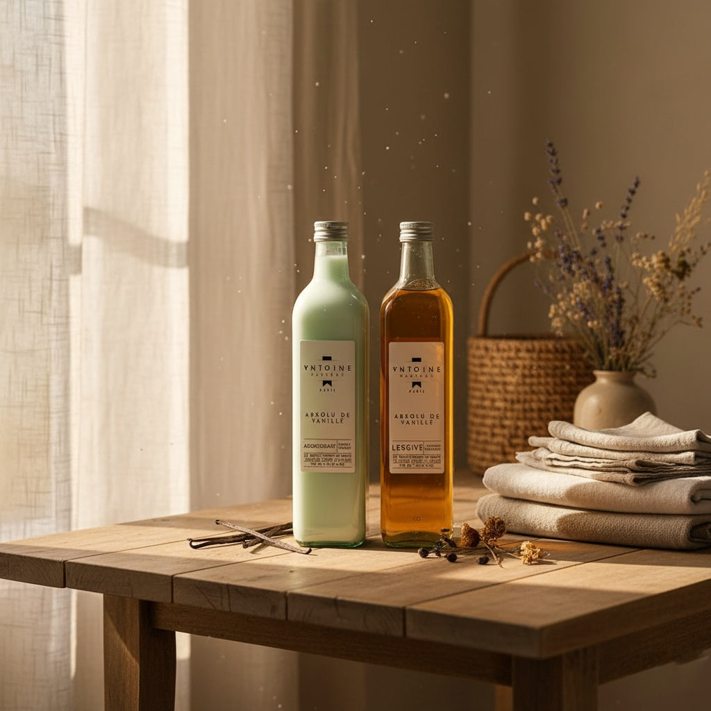 Antoine Parfums Absolu de Vanille detergent and softener duo on wooden table with linen fabrics and soft morning light – warm minimalist home decor style.