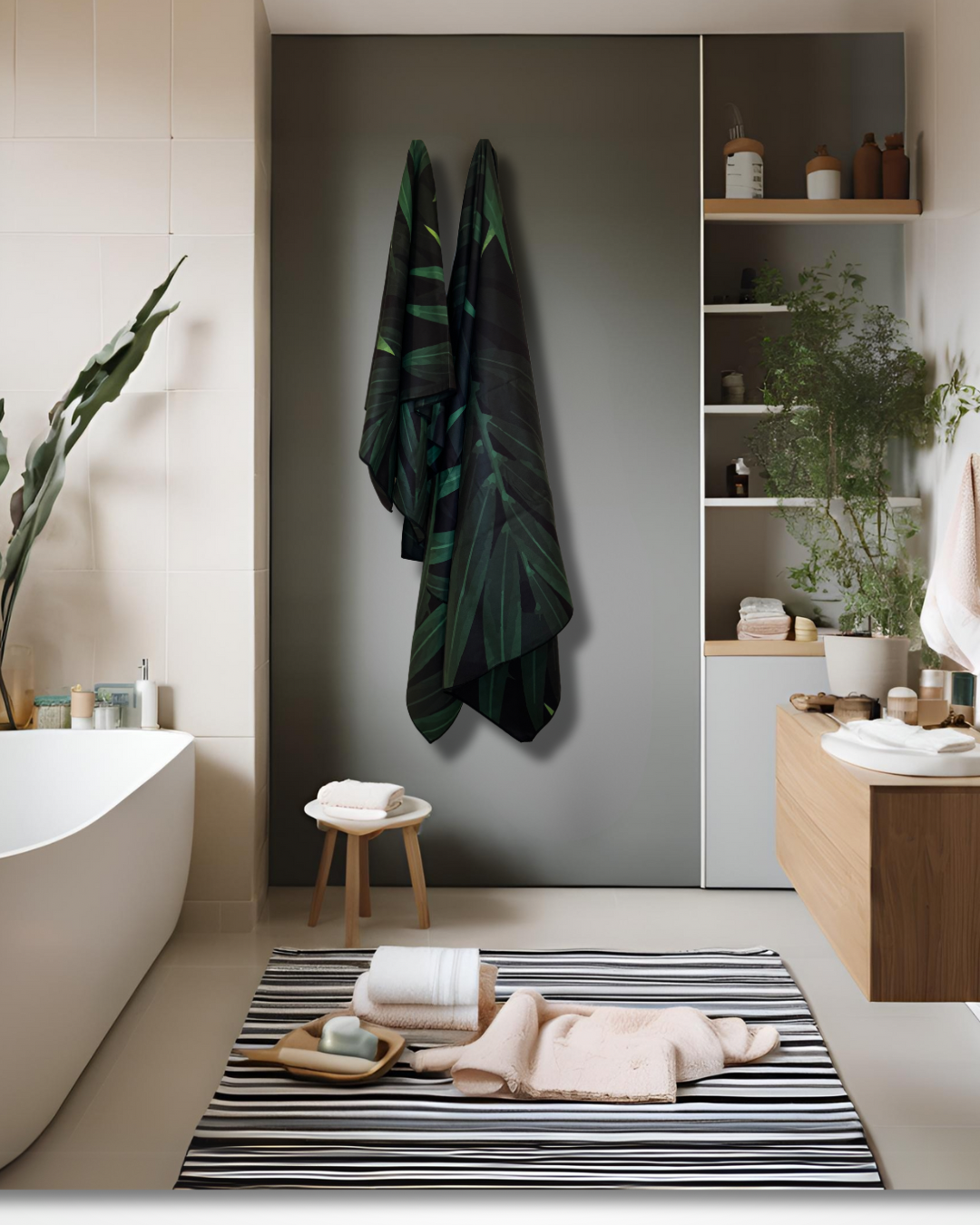 Jungle drift towel hanging in the modern bathroom