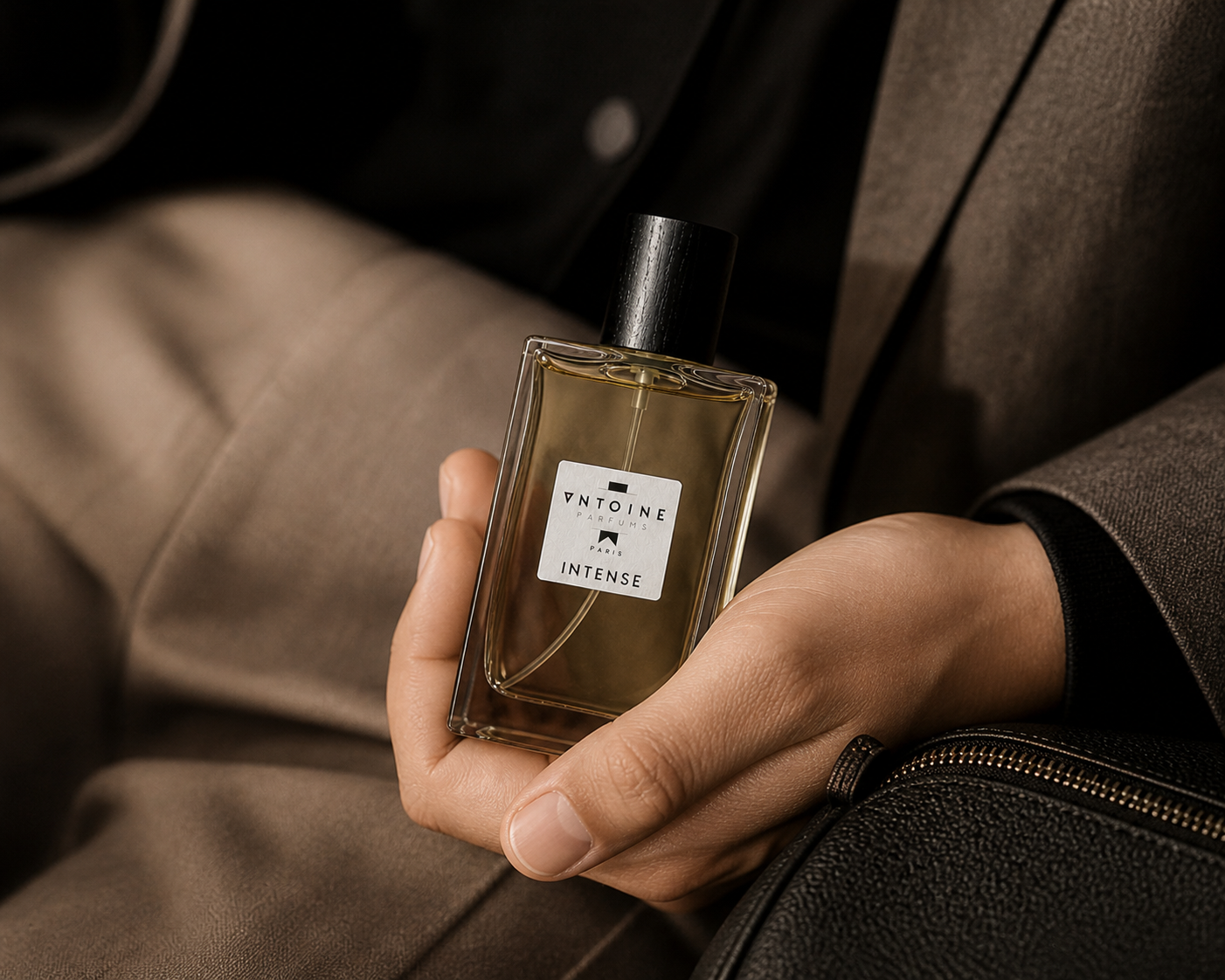 Person holding a perfume bottle labeled 'Antoine' with a dark coat and jacket.