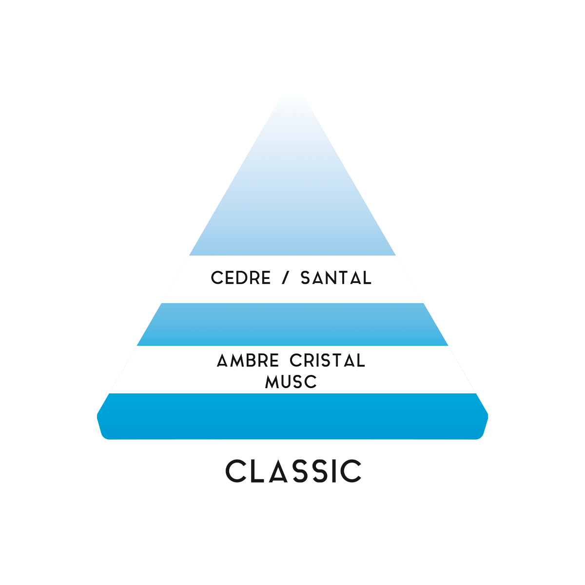 Fragrance pyramid of Antoine Classic laundry detergent, highlighting cedar, sandalwood, crystal amber, and musk notes.