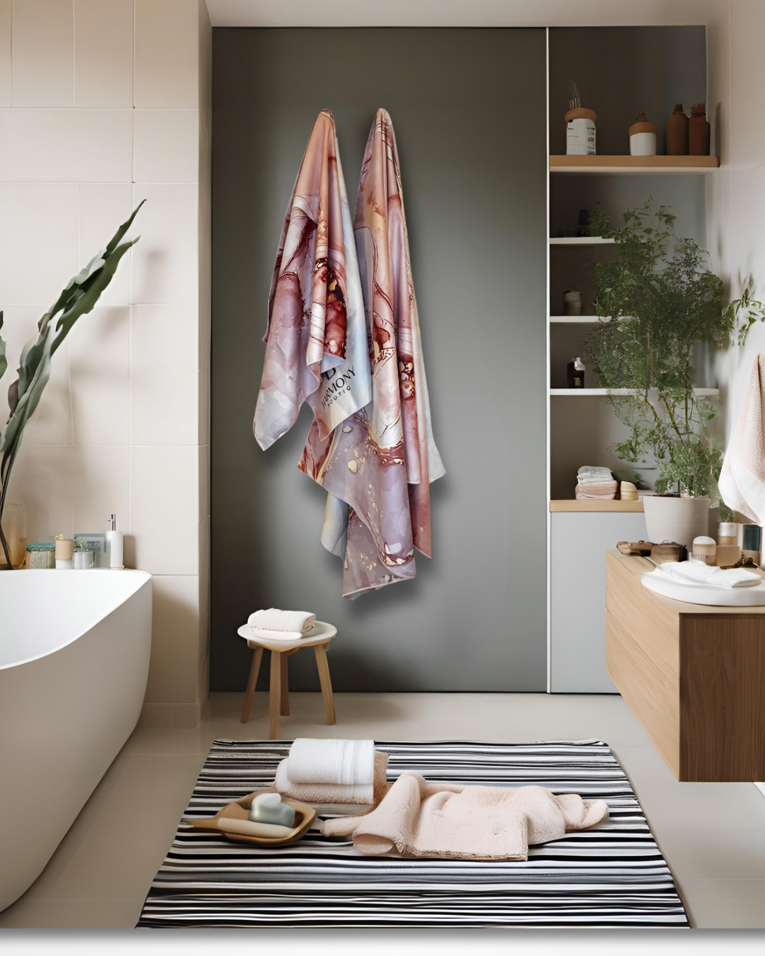 Rose vein towel hanging in the modern bathroom