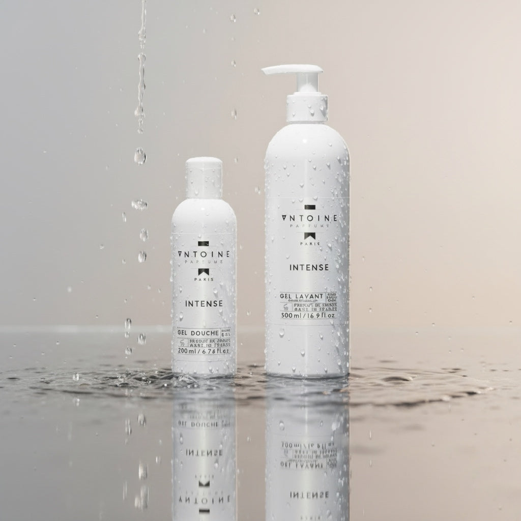 Antoine Parfums “Intense” Hand & Body Wash – luxury French body wash bottles with water drops on mirror surface