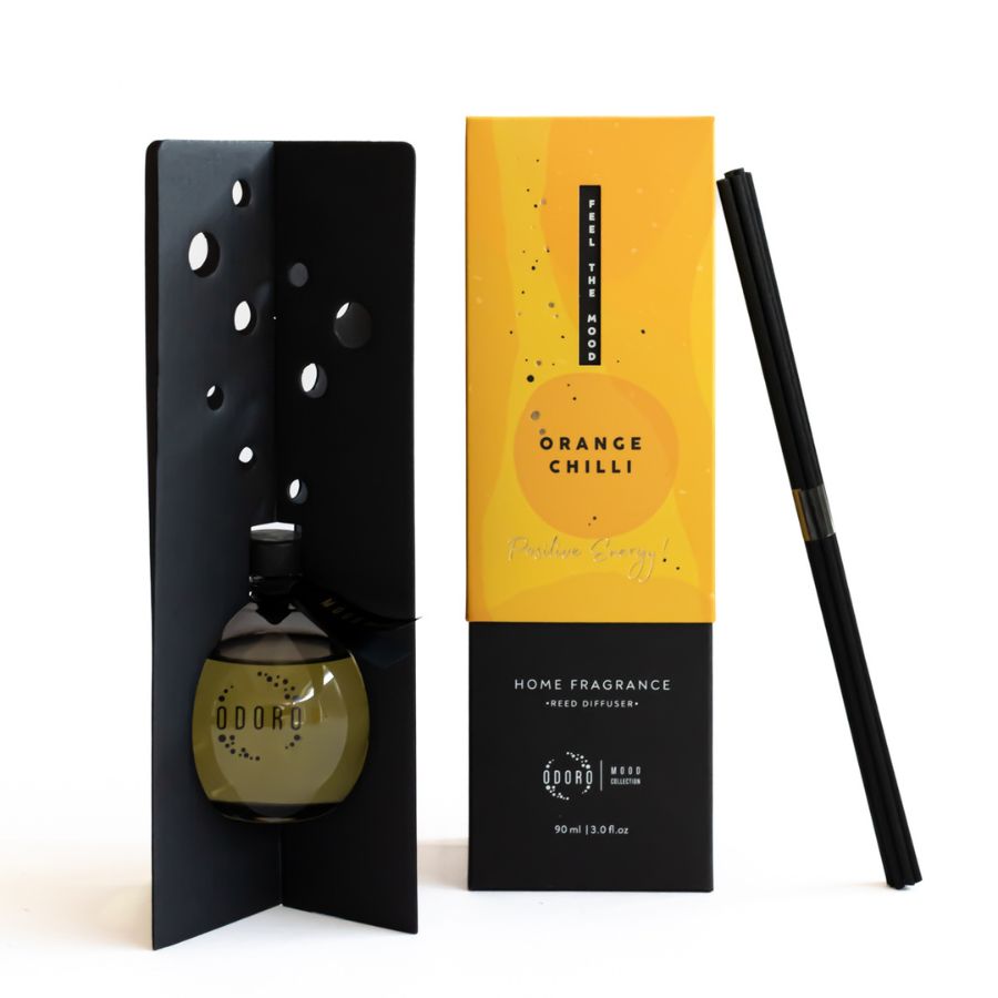 diffuser from ODORO Mood Collection with elegant packaging and diffuser sticks, offering a mysterious and captivating scent.