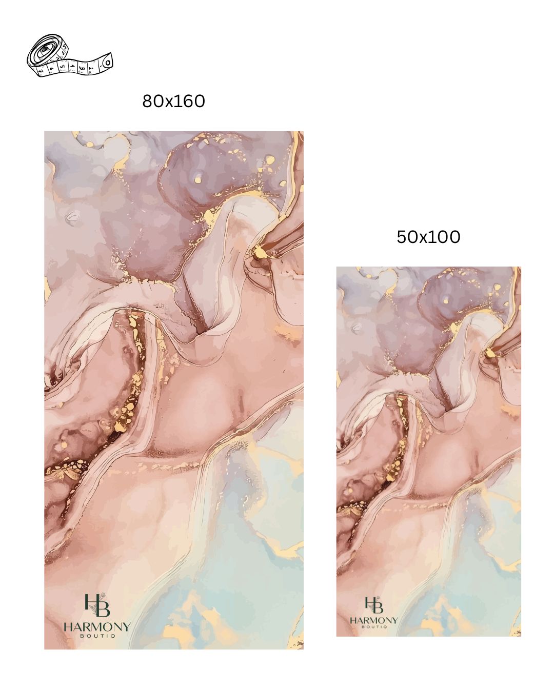 Rosé Vein towel size guide showing full design layout of 80x160 cm and 50x100 cm microfiber towels from Harmony Boutiq.
