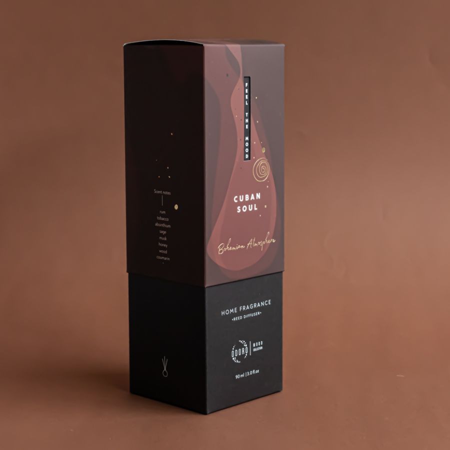 Mood collection Cuban Soul reed diffuser in elegant brown packaging, showcasing the luxurious fragrance for home spaces, 90 ml aromatic oil.
