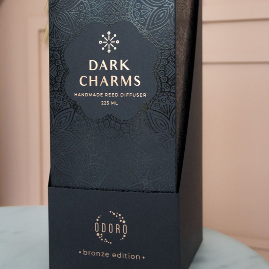 Elegantly designed cardboard box for home fragrance, showcasing its luxurious appearance and intricate details against a neutral backdrop.