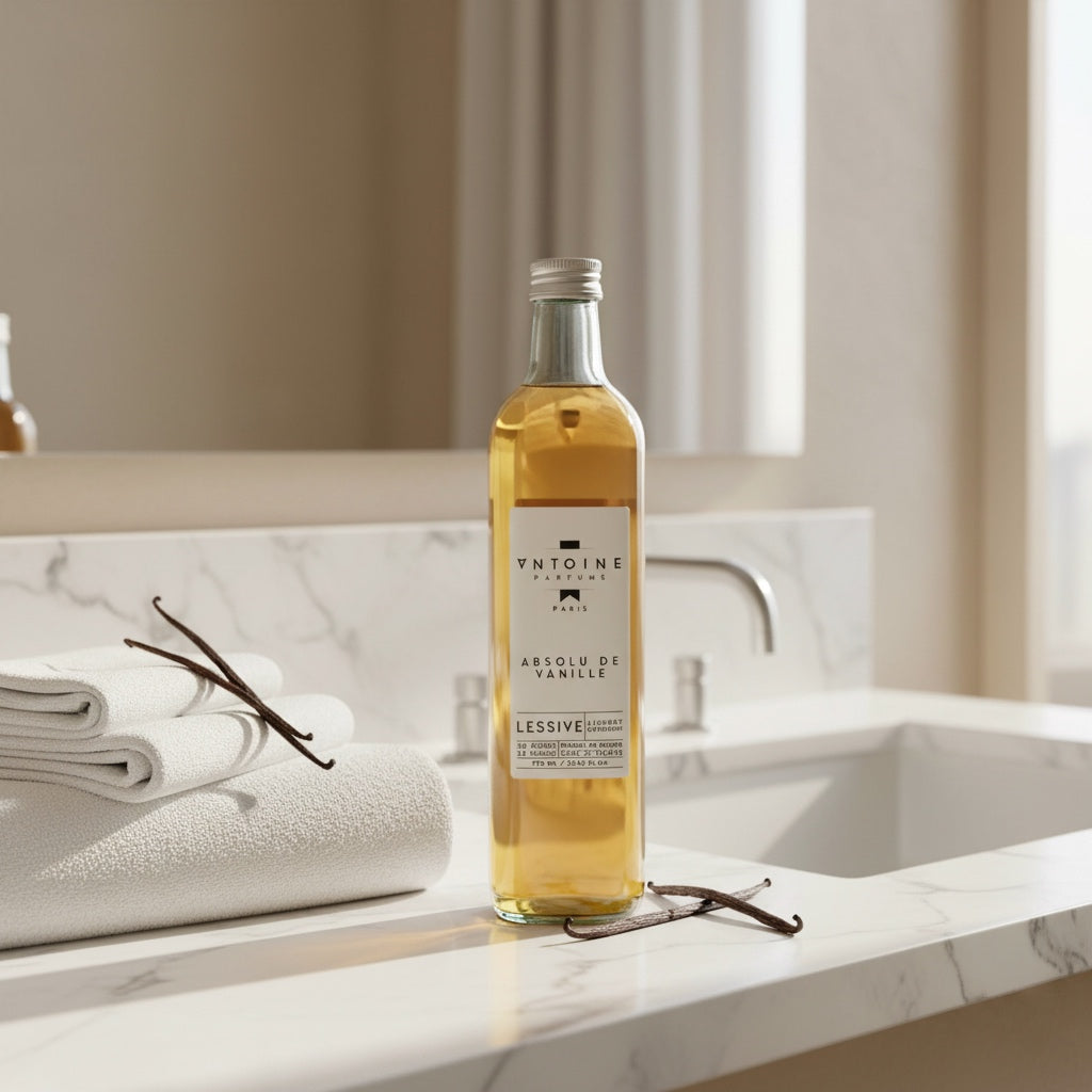 Elegant Antoine Parfums Absolu de Vanille laundry detergent on beige table with vanilla pods – minimalist French fragrance photo for e-shop.