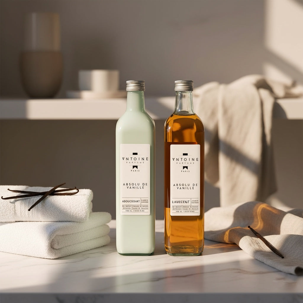 Antoine Parfums Absolu de Vanille laundry detergent and softener bottles on marble surface with towels and vanilla pods – elegant French bathroom style.