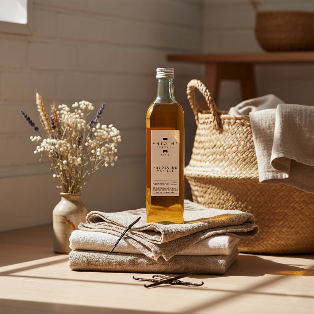 Antoine Parfums Absolu de Vanille detergent bottle placed on folded linen towels with a wicker basket and dried flowers – luxury home laundry inspiration.