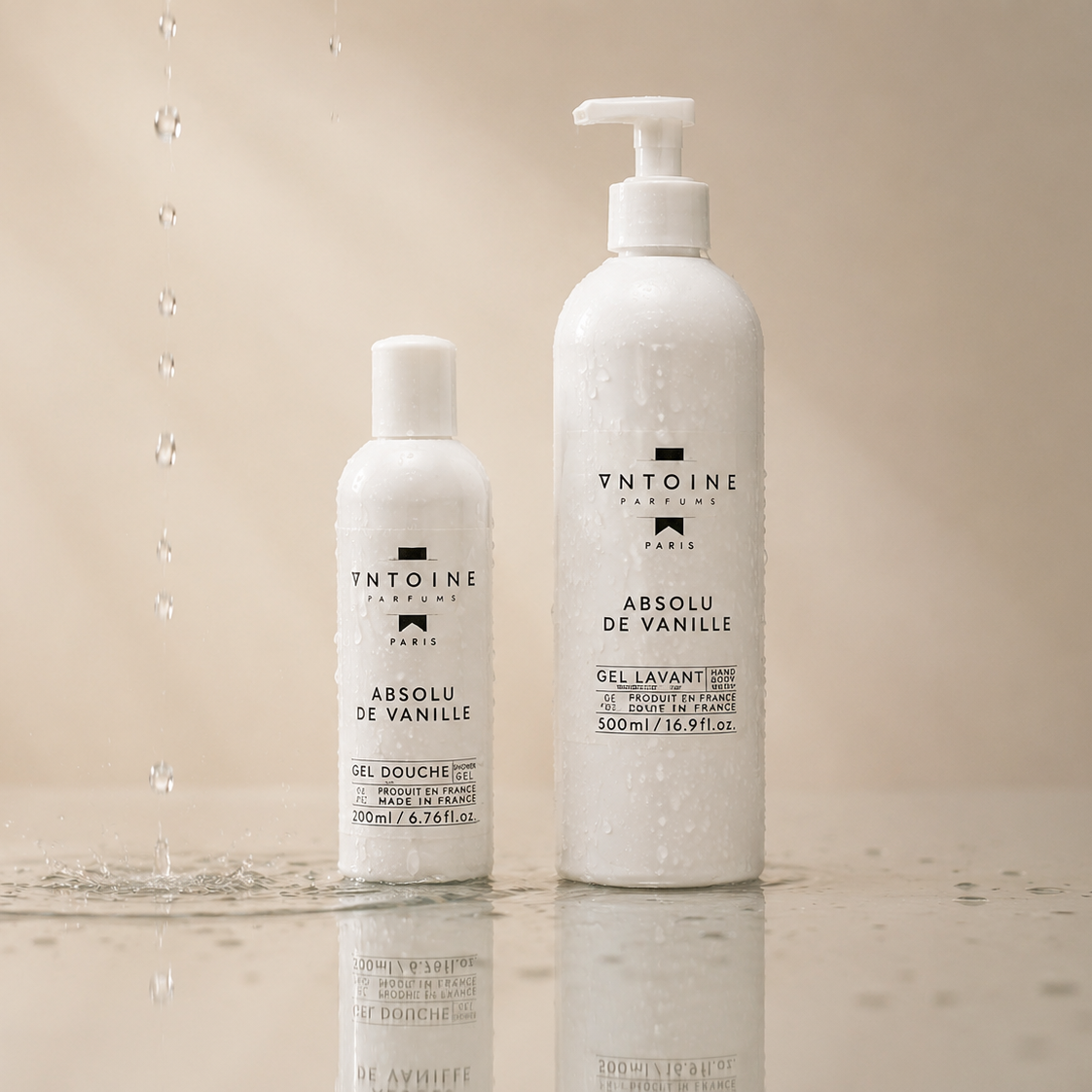 Two bottles of Antoine Absolu de Vanille on a beige background