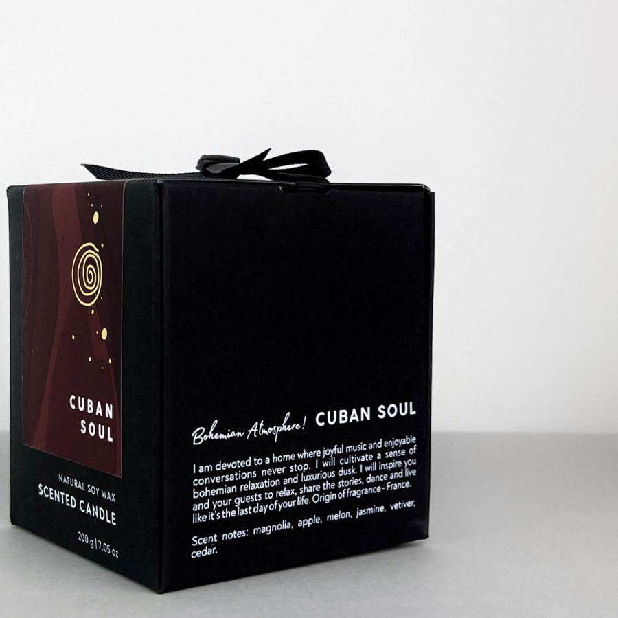 Back view of Cuban Soul candle box displaying a description of the scent and its fragrance notes.