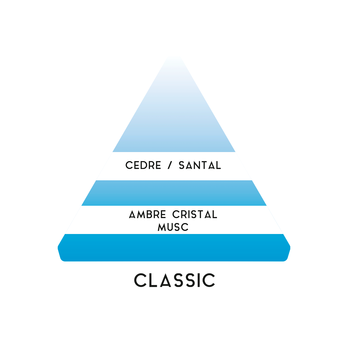 Antoine Classic fabric softener fragrance pyramid, detailing the layers of cedar, sandalwood, amber, and musk.