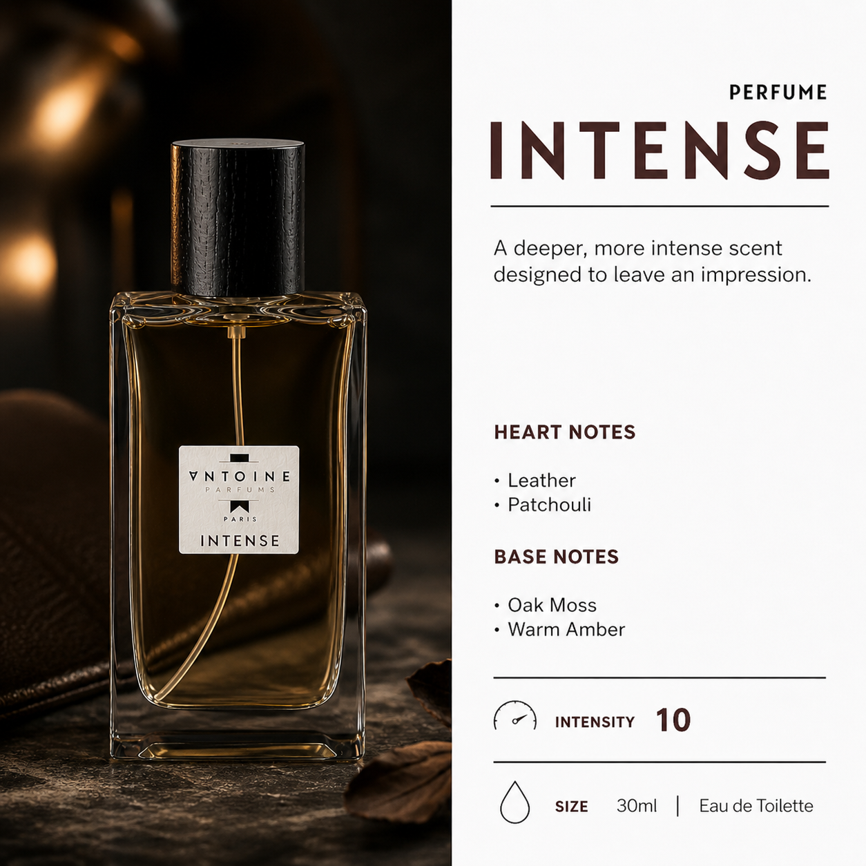 Antoine Parfums Intense fragrance notes – leather, patchouli, oak moss and amber