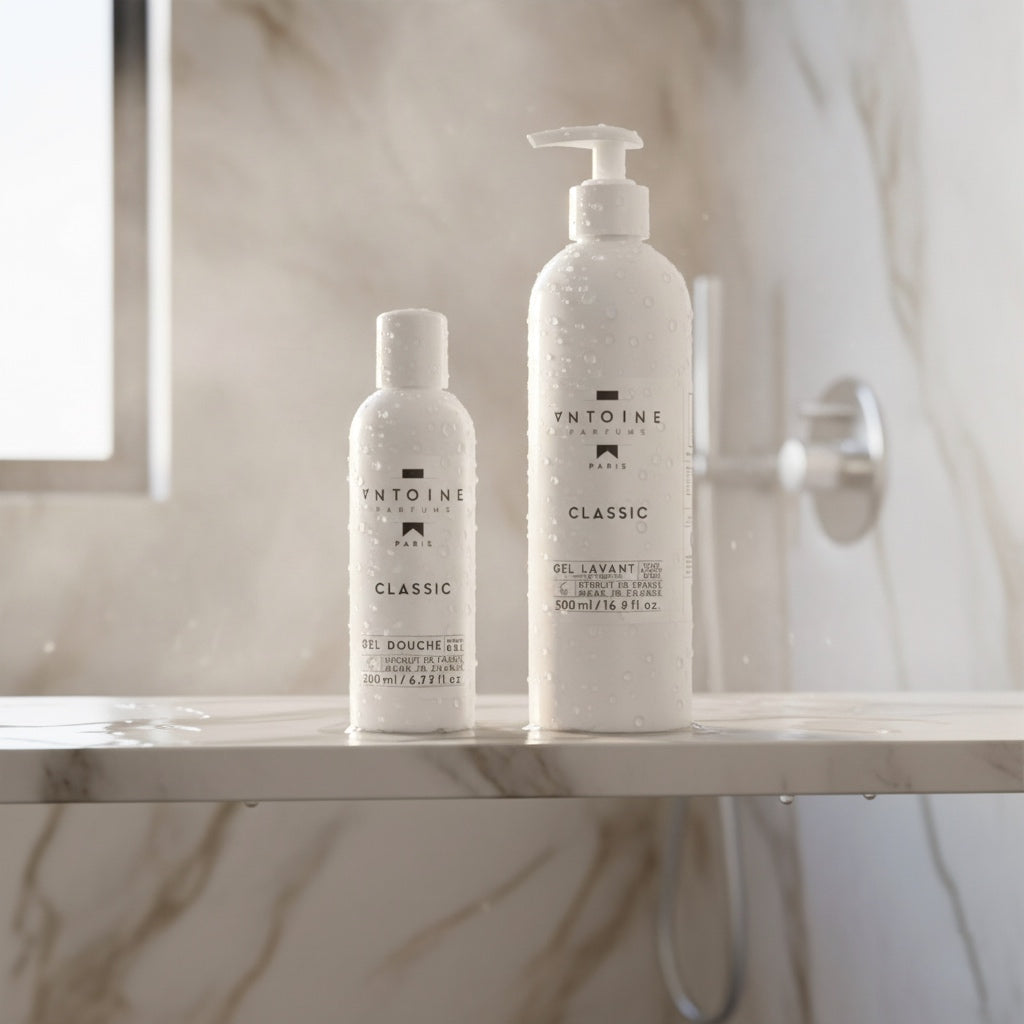 Antoine Parfums Classic hand and body wash bottles with water drops in a marble shower scene – elegant French body cleanser for daily use.
