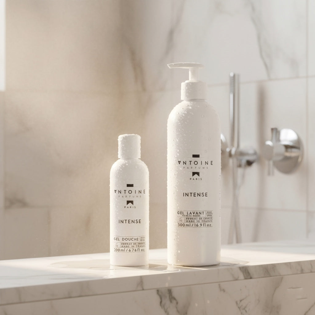 Antoine Parfums “Intense” Hand & Body Wash – luxury French body wash bottles with water drops on mirror surface