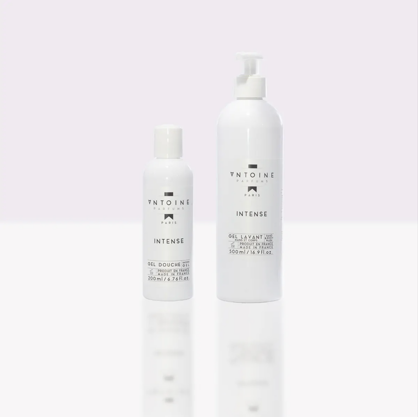 Antoine Parfums “Intense” Hand & Body Wash 200ml and 500ml bottles minimalist white design