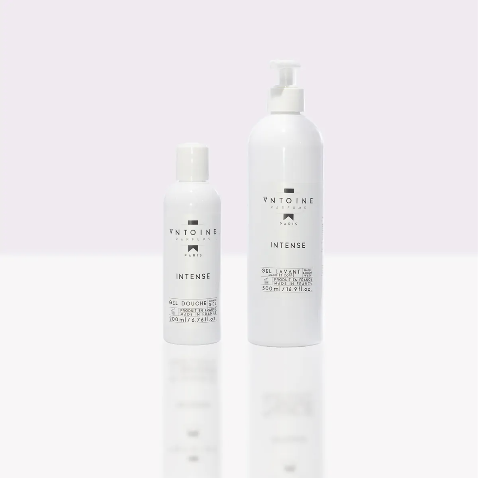 Antoine Parfums “Intense” Hand & Body Wash 200ml and 500ml bottles minimalist white design