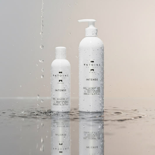 Antoine Parfums “Intense” Hand & Body Wash – luxury French body wash bottles with water drops on mirror surface