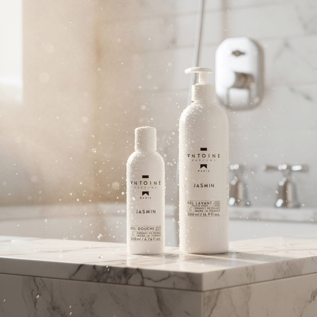 Antoine Parfums “Jasmine” Hand & Body Wash 200ml and 500ml bottles on marble bathroom shelf surrounded by soft light and water splashes