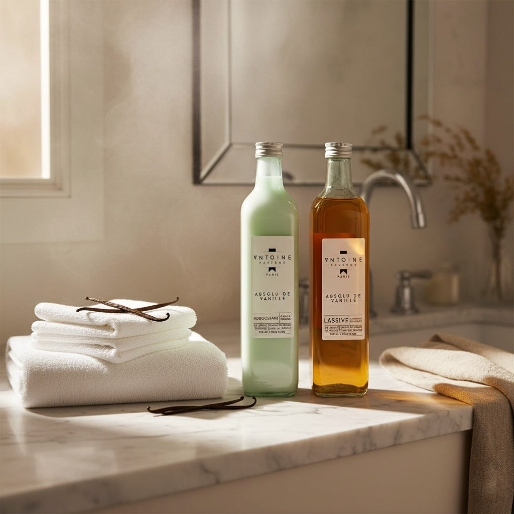 Antoine Parfums Absolu de Vanille fabric softener and detergent on marble bathroom counter with folded towels – French luxury home fragrance.