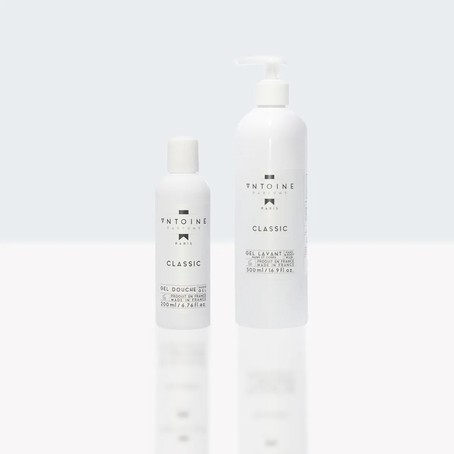 Antoine Parfums Classic hand and body wash 200ml and 500ml bottles on a clean light background – minimalist luxury French skincare product.