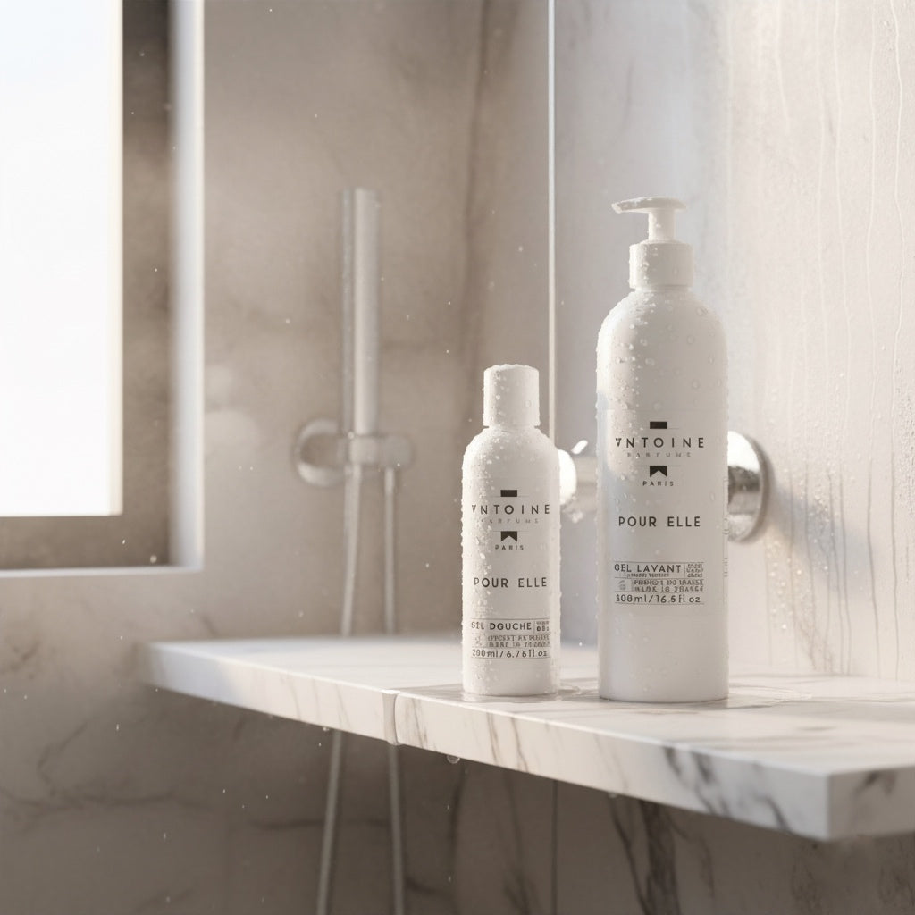 Antoine Parfums “Pour Elle” Hand & Body Wash 200ml and 500ml bottles on marble bathroom counter with water droplets and soft light
