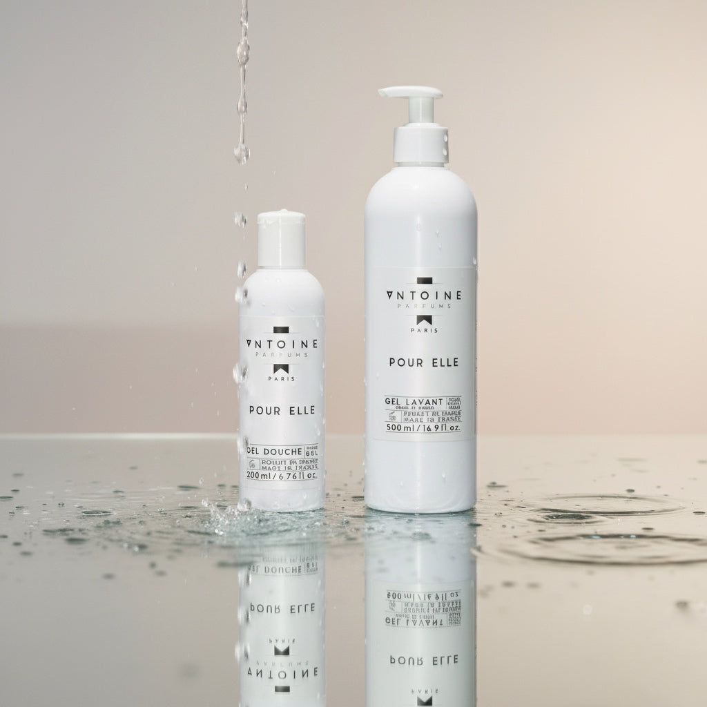 Antoine Parfums “Pour Elle” Hand & Body Wash bottles on reflective surface with falling water drops – elegant feminine French body wash