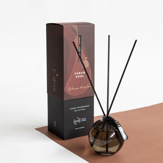 Front view of Cuban soul reed diffuser with brown packaging