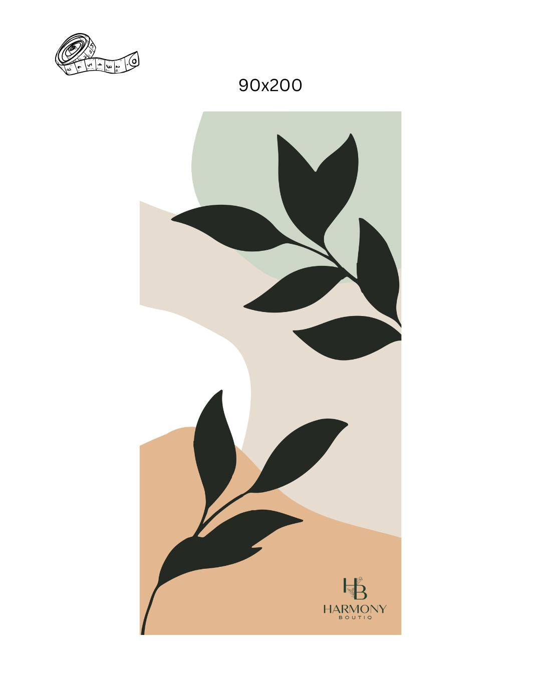 Ecovera 90x200 cm beach towel flat lay with abstract botanical design in neutral earth tones.
