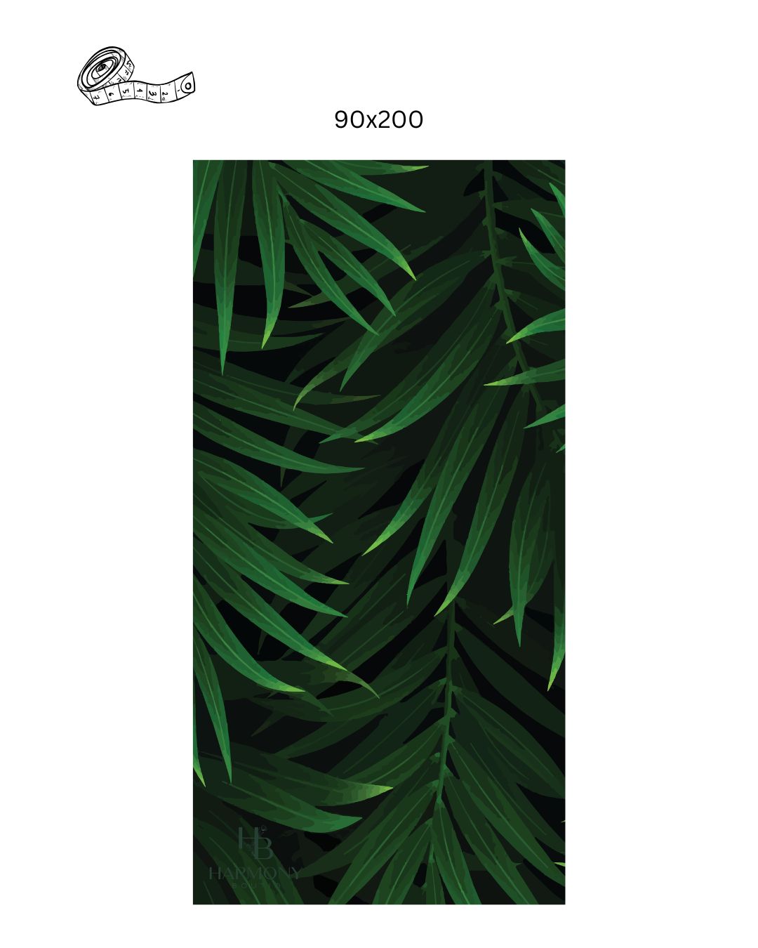 Jungle Drift towel design flat lay – 90x200 cm tropical print in dark green and black shades.
