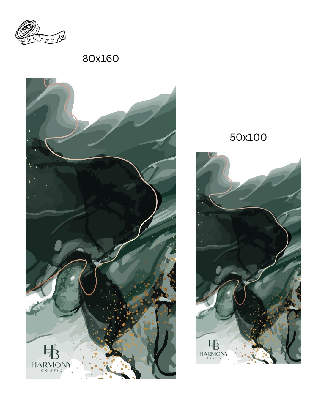 Emerald Mist towel size guide showing full design layout of 80x160 cm and 50x100 cm microfiber towels from Harmony Boutiq.