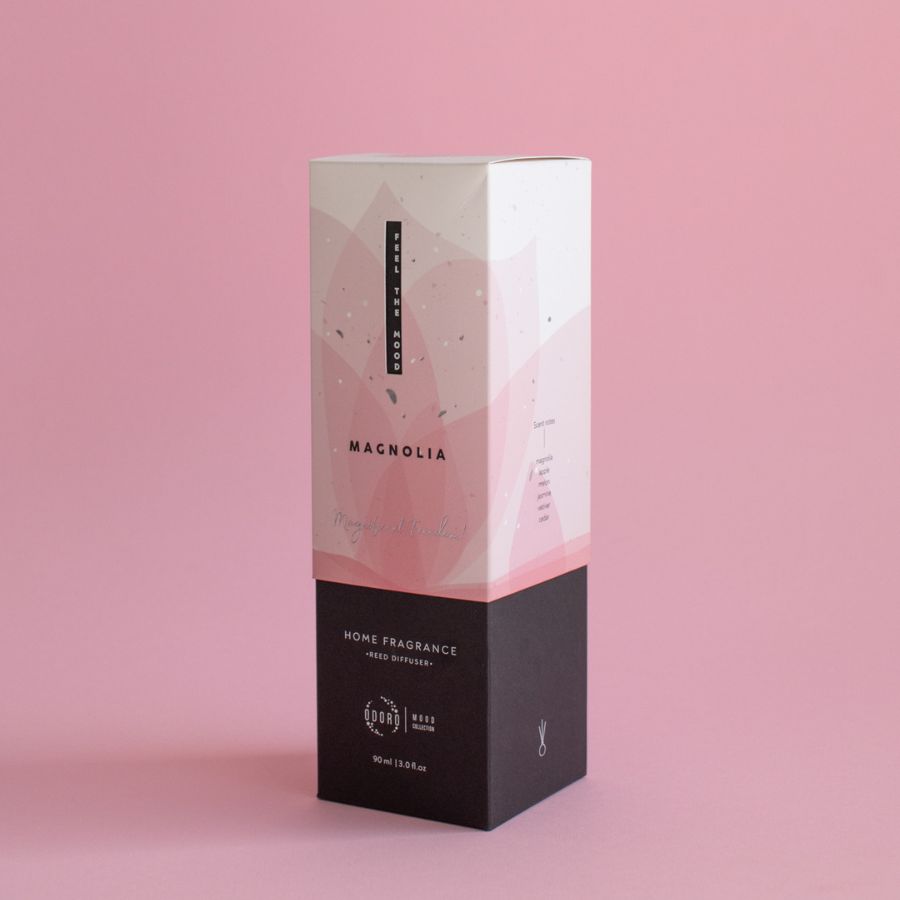 Mood Collection Magnolia Home Fragrance packaging featuring soft pink design, symbolizing romance and harmony.