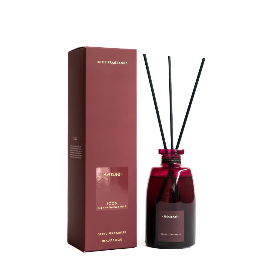 ODORO Sense Icon diffuser with red packaging, featuring black reeds and 225ml fragrance bottle.